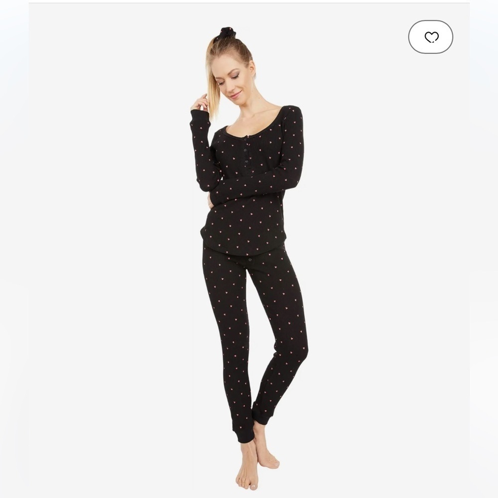 Plush | Thermal Heart Pajama Set Plus Scrunchie Black Hearts Size XS Gift